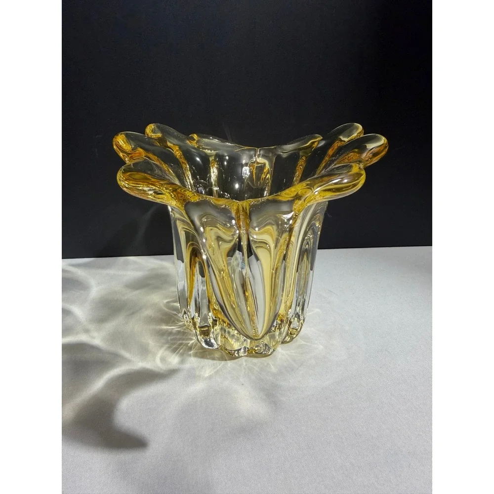 Vintage Murano Style Amber Yellow Sommerso Art Glass Flared Ribbed Vase